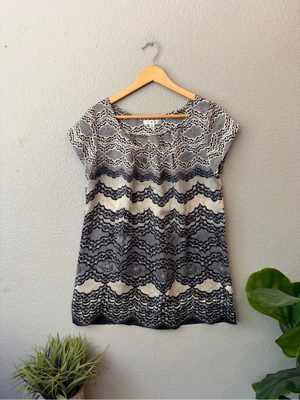 CAbi 100% Silk Black & Cream Short-Sleeve Lace-Pattern Top